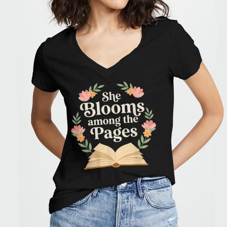 She Blooms Among The Pages Women Mom Wife Floral Book Quote Women's Jersey Short Sleeve Deep V-Neck Tshirt She Blooms Among The Pages Women Mom Wife Floral Book Quote Women's Jersey Short Sleeve Deep V-Neck Tshirt