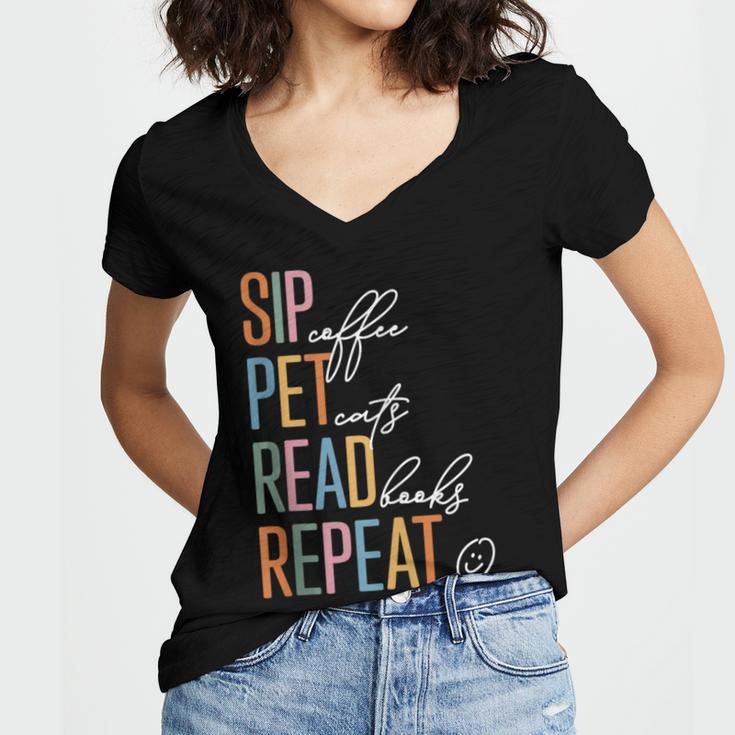 Sip Coffee Pet Cats Read Books Repeat Book Cat Lover Women's Jersey Short Sleeve Deep V-Neck Tshirt