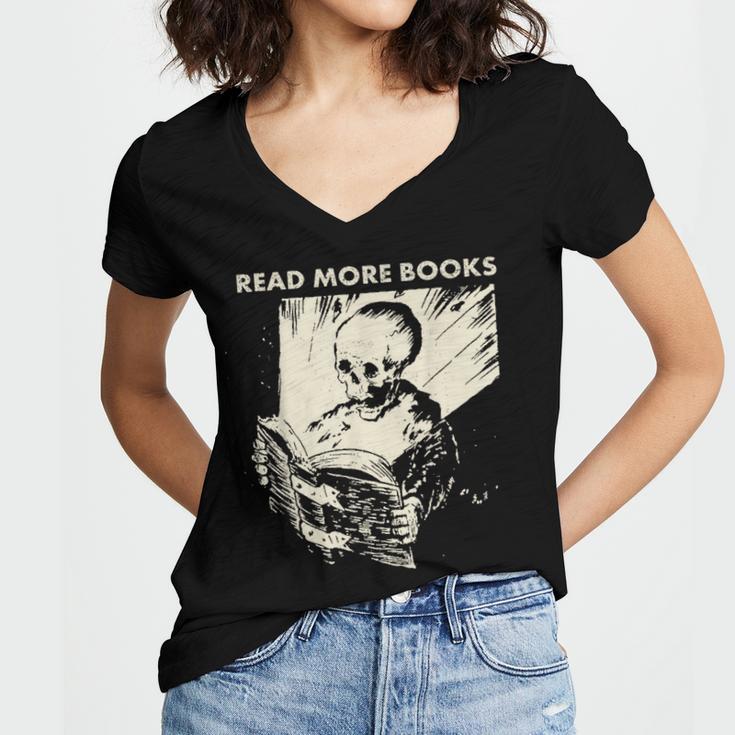 Skeleton Read More Books Women's Jersey Short Sleeve Deep V-Neck Tshirt