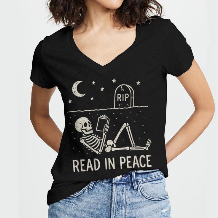 Skeleton Read In Peace Halloween Book Graphic Bookish Women's Jersey Short Sleeve Deep V-Neck Tshirt