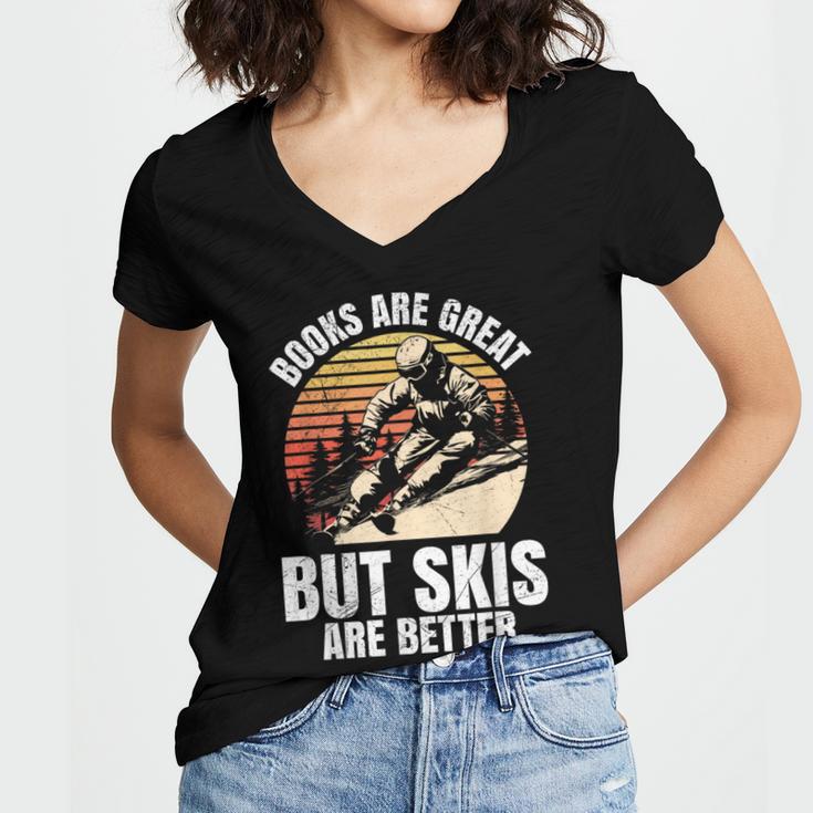 Skier BOOKS ARE GREAT BUT SKIS ARE BETTER Vintage Women's Jersey Short Sleeve Deep V-Neck Tshirt Skier BOOKS ARE GREAT BUT SKIS ARE BETTER Vintage Women's Jersey Short Sleeve Deep V-Neck Tshirt