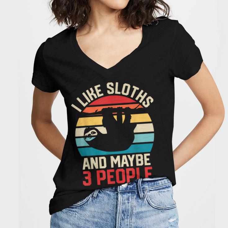 I Like Sloths And Maybe 3 People Sloth Lover Introvert Retro Women's Jersey Short Sleeve Deep V-Neck Tshirt