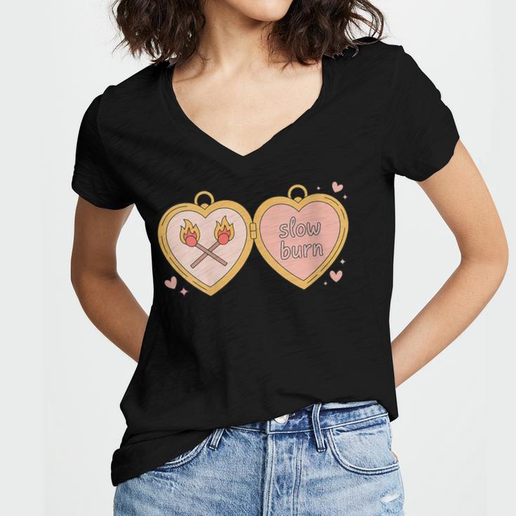 Slow Burn Romance Book Lover Tee Women's Jersey Short Sleeve Deep V-Neck Tshirt