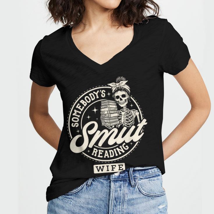 Smut Book Reader Spicy Romance Somebody's Smut Reading Wife Women's Jersey Short Sleeve Deep V-Neck Tshirt
