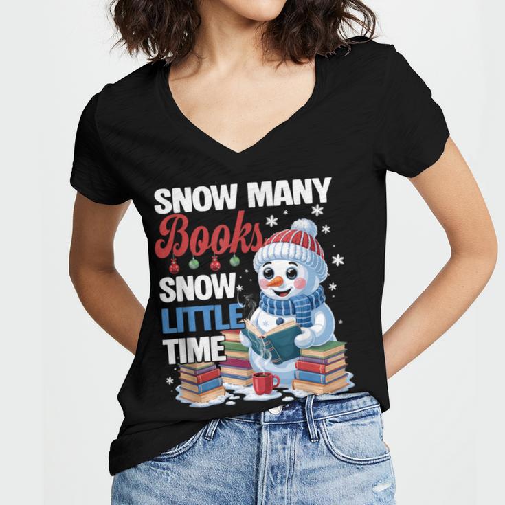 Snowman Winter Snow So Many Books Christmas Snow Little Time Women's Jersey Short Sleeve Deep V-Neck Tshirt