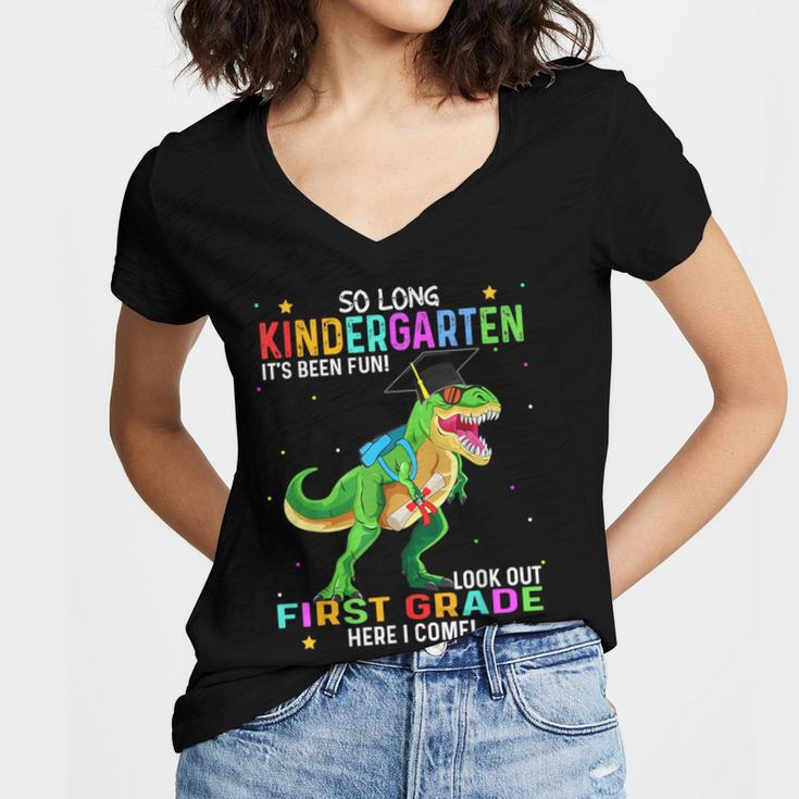 So Long Kindergarten Graduation Class 2025 Dinosaur Kids Women's Jersey Short Sleeve Deep V-Neck Tshirt