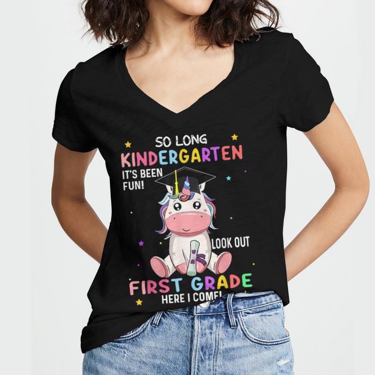 So Long Kindergarten Graduation Class 2025 Unicorn Girls Women's Jersey Short Sleeve Deep V-Neck Tshirt
