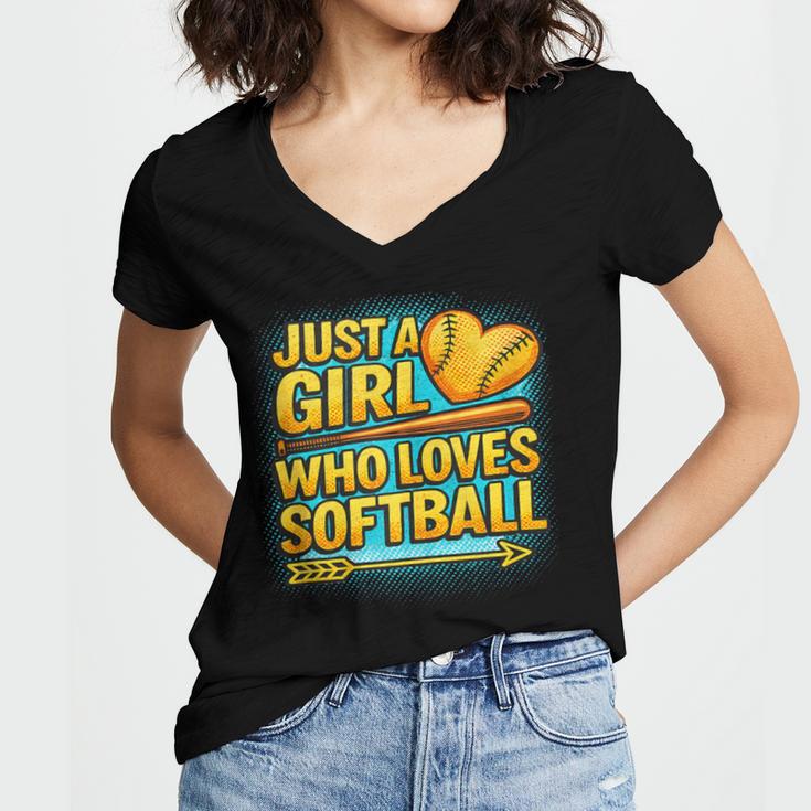Softball Just A Girl Comic Book Style Graphic For Teens Women's Jersey Short Sleeve Deep V-Neck Tshirt Softball Just A Girl Comic Book Style Graphic For Teens Women's Jersey Short Sleeve Deep V-Neck Tshirt