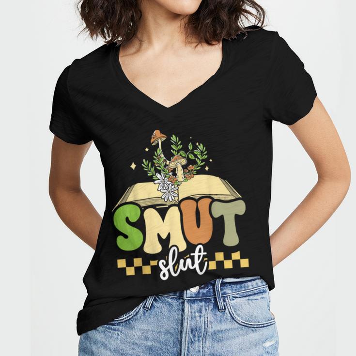 Spicy Book Lover Smut Slut Romance Reading Librarian Women's Jersey Short Sleeve Deep V-Neck Tshirt