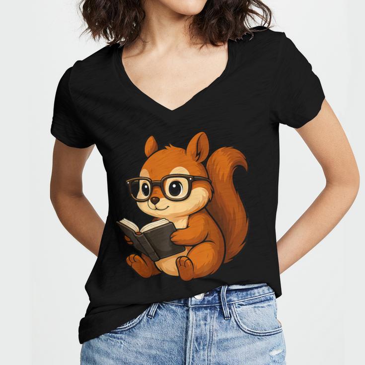 Squirrel Reading Book Lover Women's Jersey Short Sleeve Deep V-Neck Tshirt