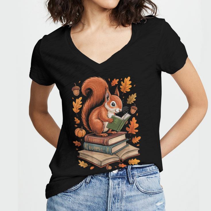 Squirrel Reading Book Lovers Fall Leaves Library Books Women's Jersey Short Sleeve Deep V-Neck Tshirt Squirrel Reading Book Lovers Fall Leaves Library Books Women's Jersey Short Sleeve Deep V-Neck Tshirt