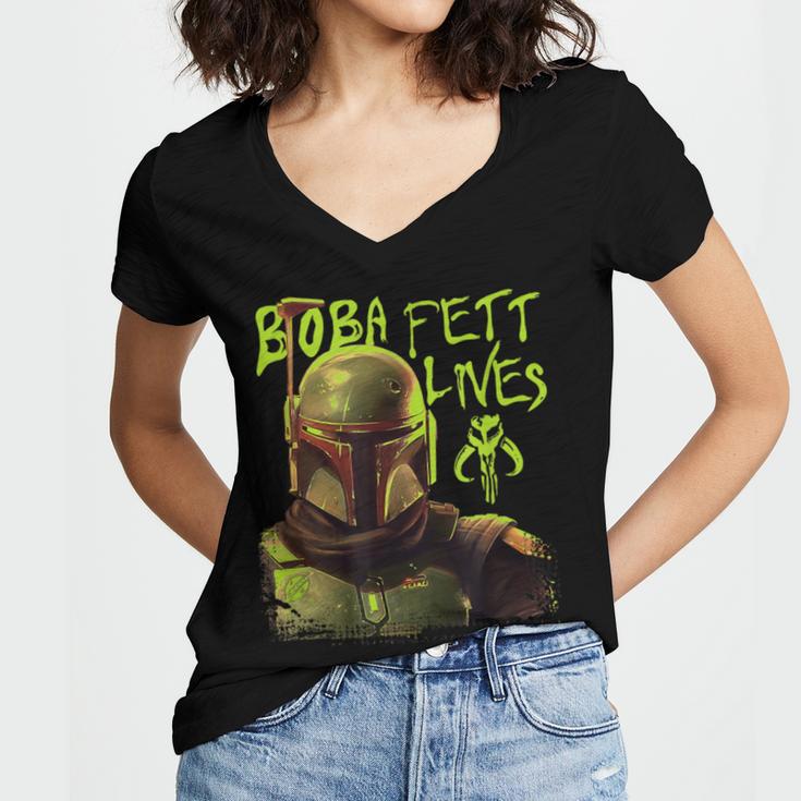 Star Wars The Book Of Boba Fett Neon Boba Fett Lives Poster Women's Jersey Short Sleeve Deep V-Neck Tshirt