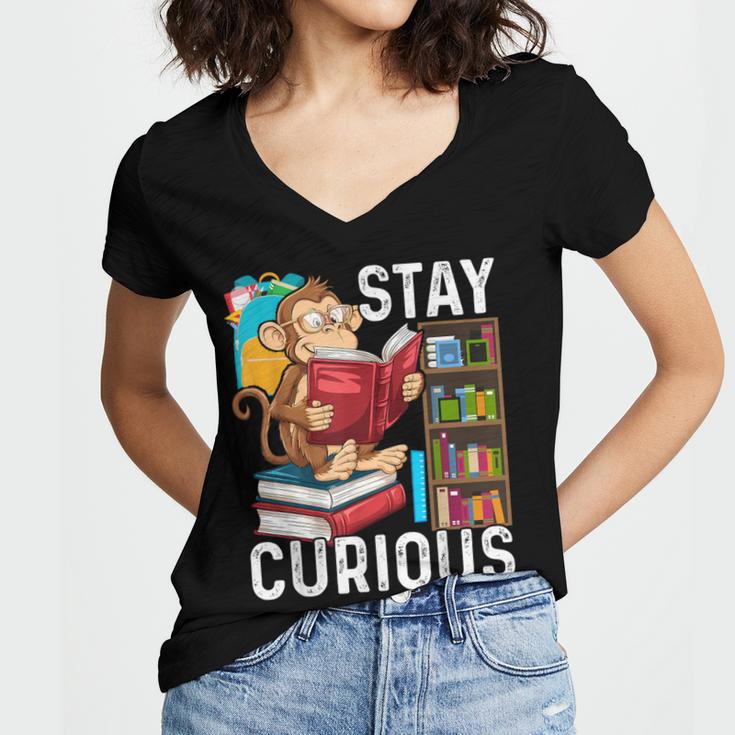 Stay Curious Monkey Reading Book Lover Bookworm Women's Jersey Short Sleeve Deep V-Neck Tshirt