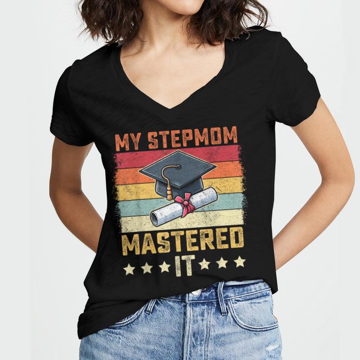My Stepmom Mastered It Master's Degree Graduation Vintage Women's Jersey Short Sleeve Deep V-Neck Tshirt