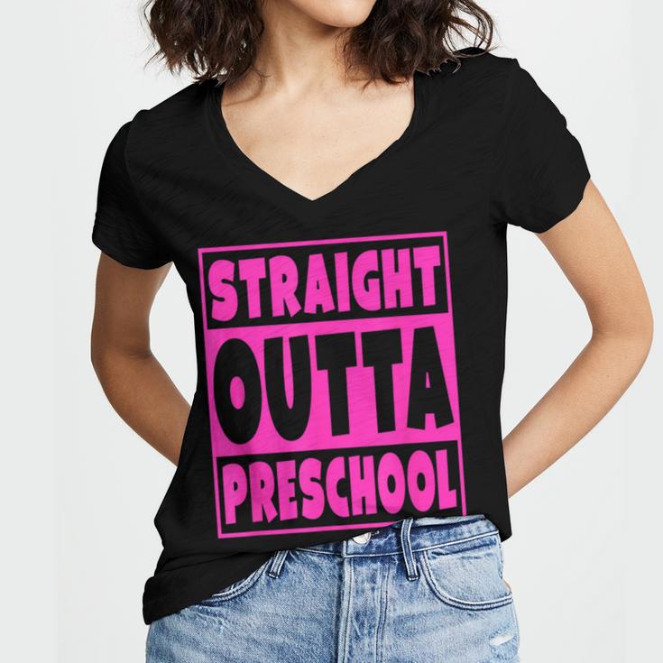 Straight Outta Preschool Class Graduation Pink Women's Jersey Short Sleeve Deep V-Neck Tshirt