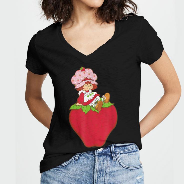Strawberry Shortcake Sitting On Strawberry Retro Nostalgia Women's Jersey Short Sleeve Deep V-Neck Tshirt
