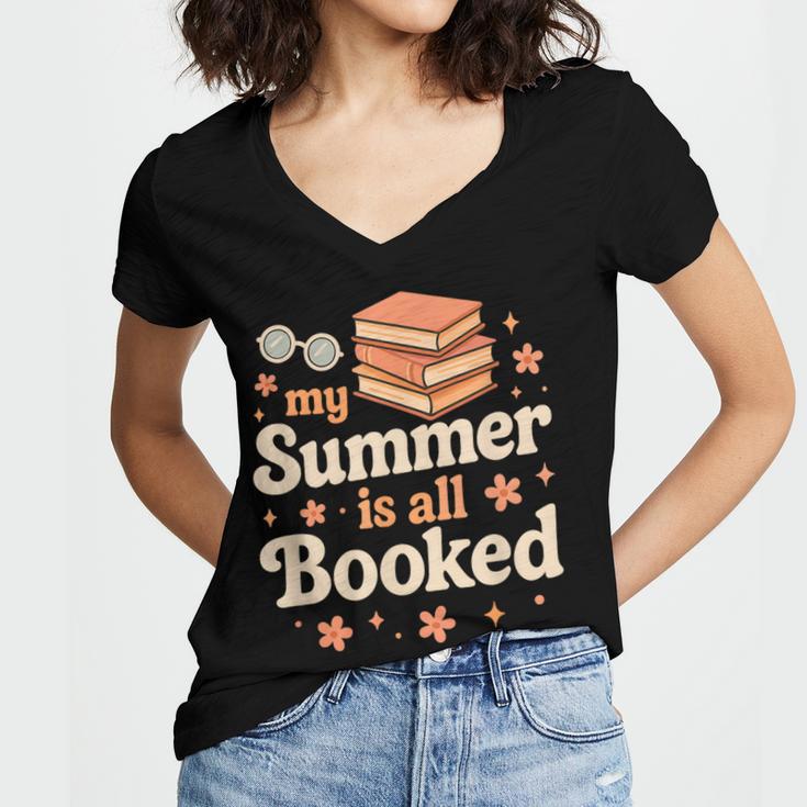 My Summer Is All Booked Book Lover Reading Vacation 2025 Women's Jersey Short Sleeve Deep V-Neck Tshirt