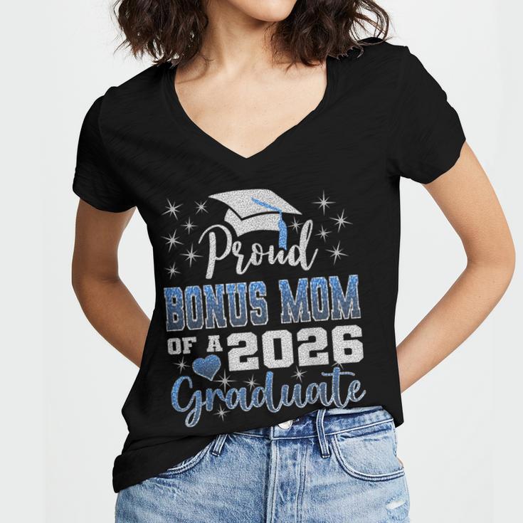 Super Proud Bonus Mom Of 2026 Graduate Graduation Family Women's Jersey Short Sleeve Deep V-Neck Tshirt