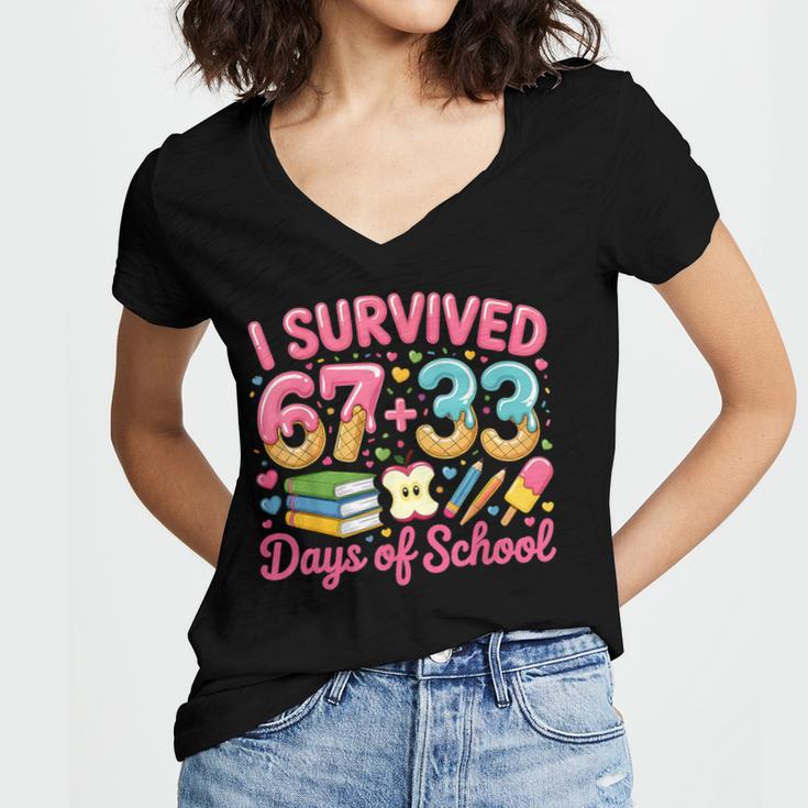 Survived 67 Days Of School Ice Cream Drip Apple Pencil Book Women's Jersey Short Sleeve Deep V-Neck Tshirt