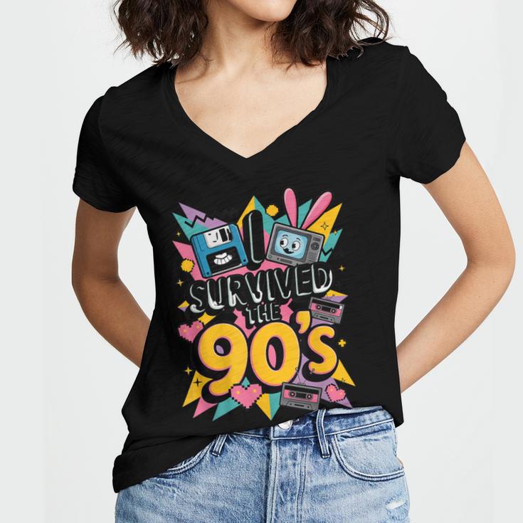 I Survived The 90s – Cute Retro Cartoon Nostalgia Women's Jersey Short Sleeve Deep V-Neck Tshirt