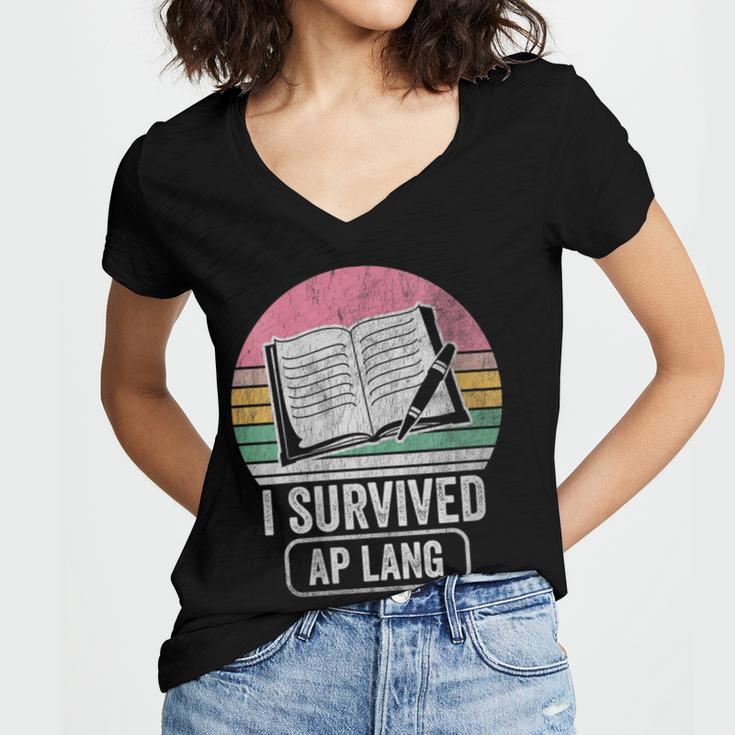 I Survived AP Lang Retro Book Graphic Women's Jersey Short Sleeve Deep V-Neck Tshirt