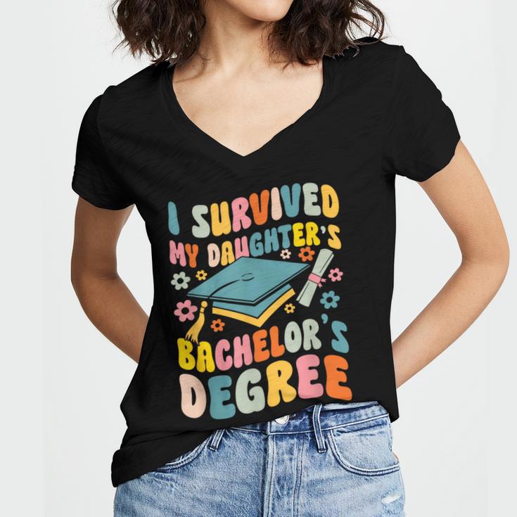 i Survived My Daughter's Bachelors Degree Groovy Graduation Women's Jersey Short Sleeve Deep V-Neck Tshirt