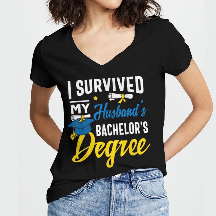 i Survived My Husbands Bachelors Degree Graduation Gifts Women's Jersey Short Sleeve Deep V-Neck Tshirt