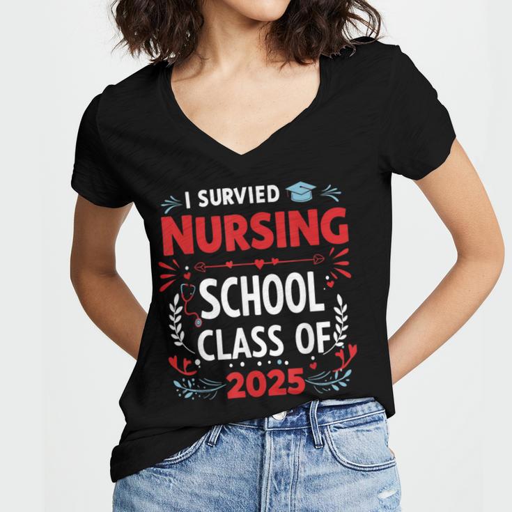 I Survived Nursing School Class Of 2025 Nurse Graduation Women's Jersey Short Sleeve Deep V-Neck Tshirt