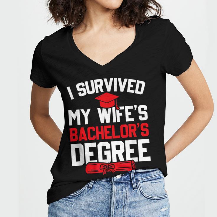 I Survived My Wife's Bachelor's Degree Graduation Women's Jersey Short Sleeve Deep V-Neck Tshirt
