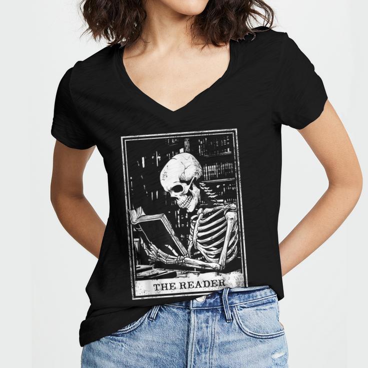 Tarot Card Shirt The Reader Tarot Skeleton Reading Book Women's Jersey Short Sleeve Deep V-Neck Tshirt