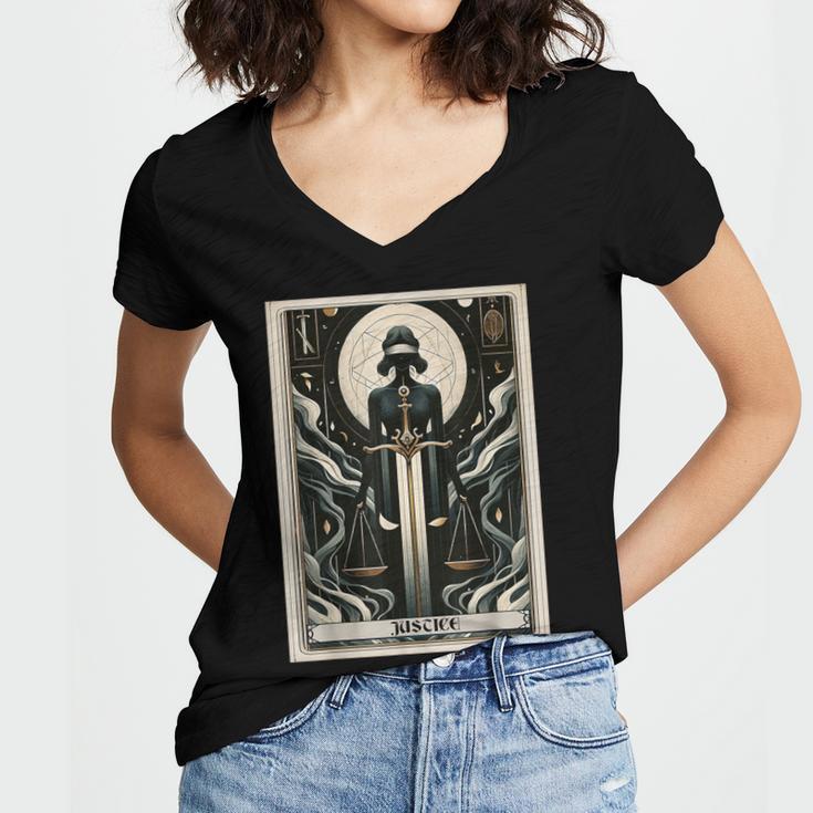 Tarot Cards Guide Book Esoteric Mysticism Clothing Tarot Card Justice Women's Jersey Short Sleeve Deep V-Neck Tshirt