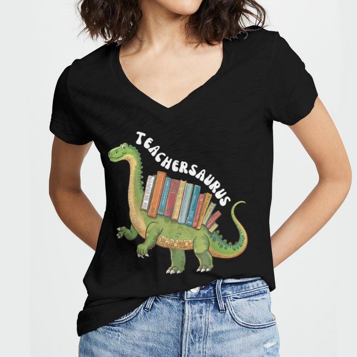 Teachersaurus Dinosaur Teachers Dino Reading Book Librarian Women's Jersey Short Sleeve Deep V-Neck Tshirt