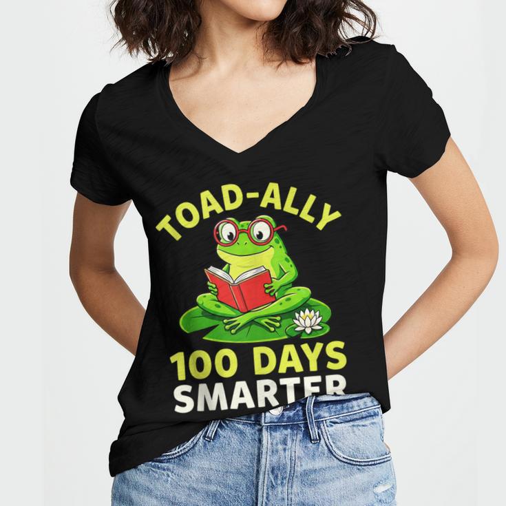 Toad-Ally 100 Days Smarter Frog Reading Book 100 School Day Women's Jersey Short Sleeve Deep V-Neck Tshirt