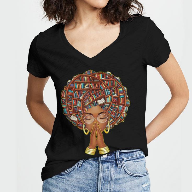 History Month Afro Book Lover Women Girls Librarian Women's Jersey Short Sleeve Deep V-Neck Tshirt