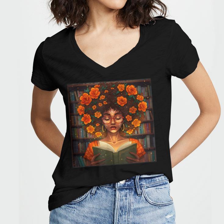History Month Black Afro Girl Women Book Lovers Women's Jersey Short Sleeve Deep V-Neck Tshirt