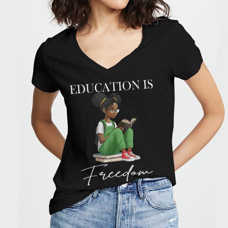 History Month Education Is Freedom Books Black Teacher Women's Jersey Short Sleeve Deep V-Neck Tshirt
