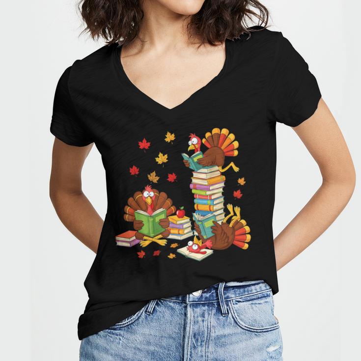 Turkey Reading Books Fall Librarian Book Lover Teacher Kids Women's Jersey Short Sleeve Deep V-Neck Tshirt