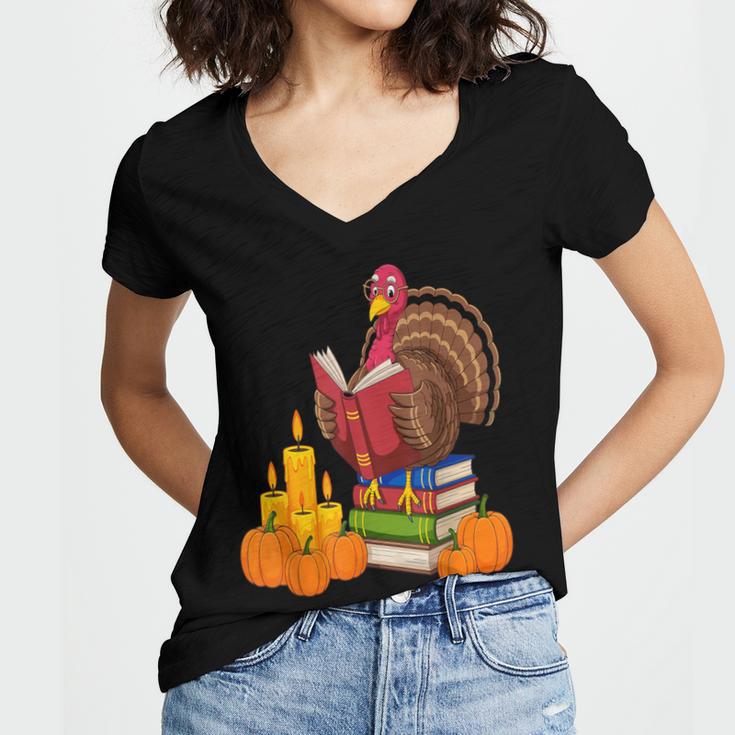 Turkey Reading Books Fall Thanksgiving Teacher Book Women's Jersey Short Sleeve Deep V-Neck Tshirt