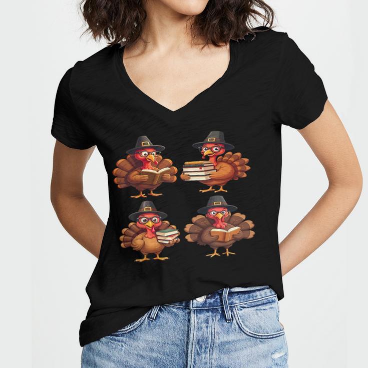 Turkey Reading Books Shirt Thanksgiving Turkey Bookworm Women's Jersey Short Sleeve Deep V-Neck Tshirt