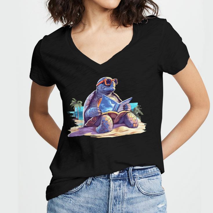 Turtle Wearing Sunglasses Reading A Book On The Beach Summer Women's Jersey Short Sleeve Deep V-Neck Tshirt Turtle Wearing Sunglasses Reading A Book On The Beach Summer Women's Jersey Short Sleeve Deep V-Neck Tshirt