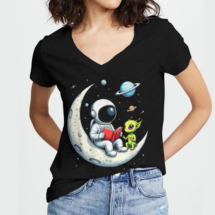 UFO Alien Astronaut Reading Book In Space Women's Jersey Short Sleeve Deep V-Neck Tshirt