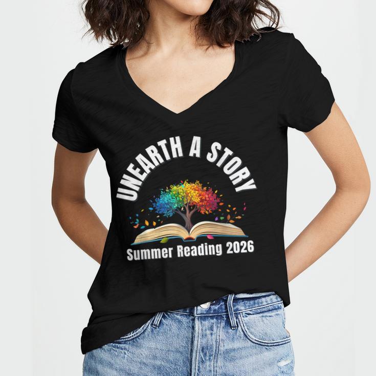Unearth a Story 2026 Summer Reading Program Tree Book Women's Jersey Short Sleeve Deep V-Neck Tshirt