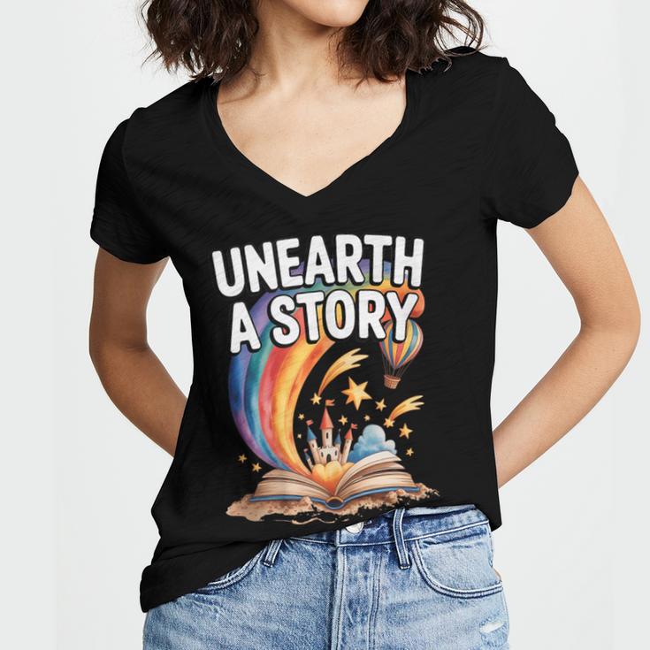 Unearth A Story Rainbow Treasure Book Women's Jersey Short Sleeve Deep V-Neck Tshirt Unearth A Story Rainbow Treasure Book Women's Jersey Short Sleeve Deep V-Neck Tshirt