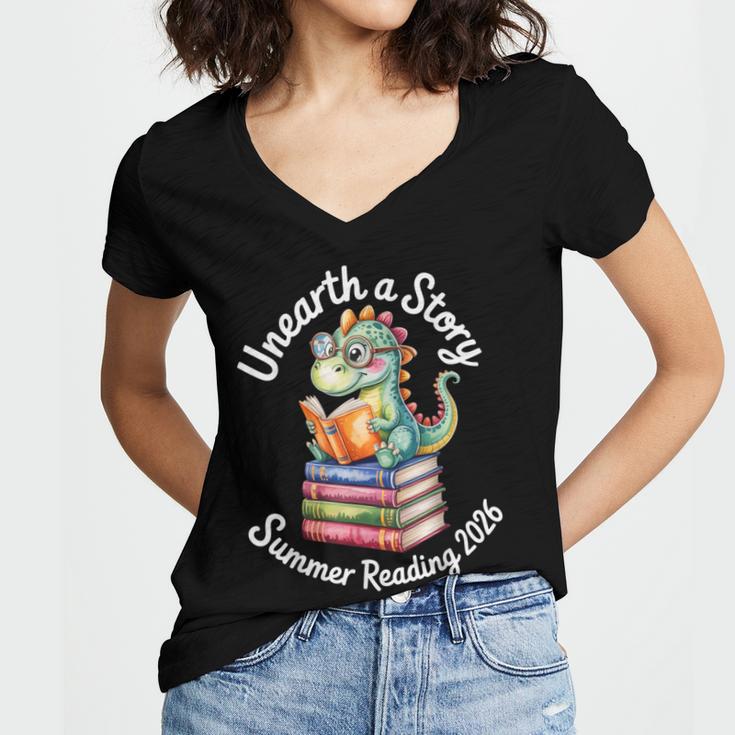 Unearth a Story Summer Reading 2026 Book Lover Dino Fun Women's Jersey Short Sleeve Deep V-Neck Tshirt