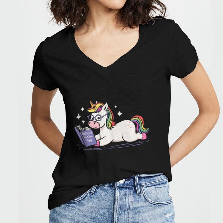 Unicorn Bookworm Believe In Yourself Cute And Inspirational Women's Jersey Short Sleeve Deep V-Neck Tshirt