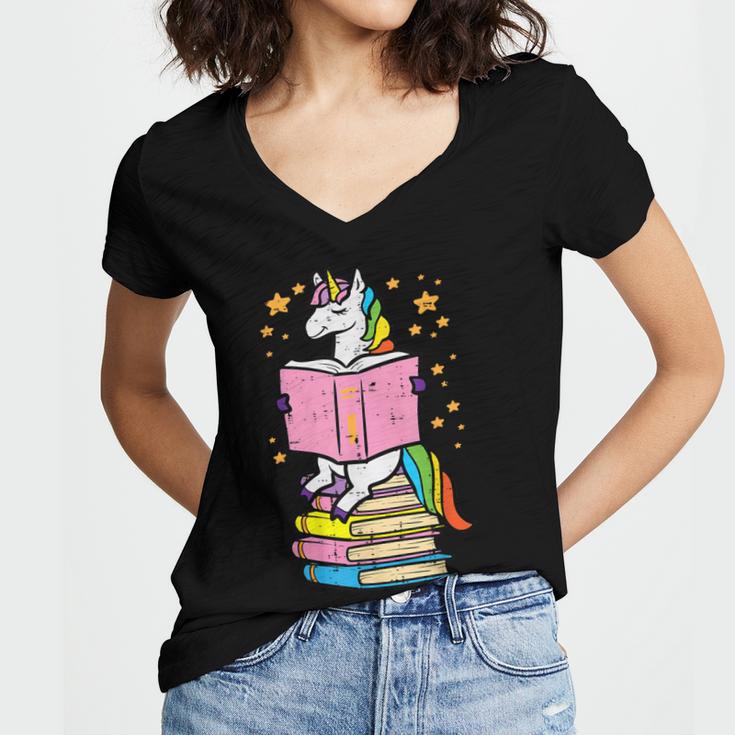 Unicorn Read Reading Book Librarian America Girls Women Women's Jersey Short Sleeve Deep V-Neck Tshirt