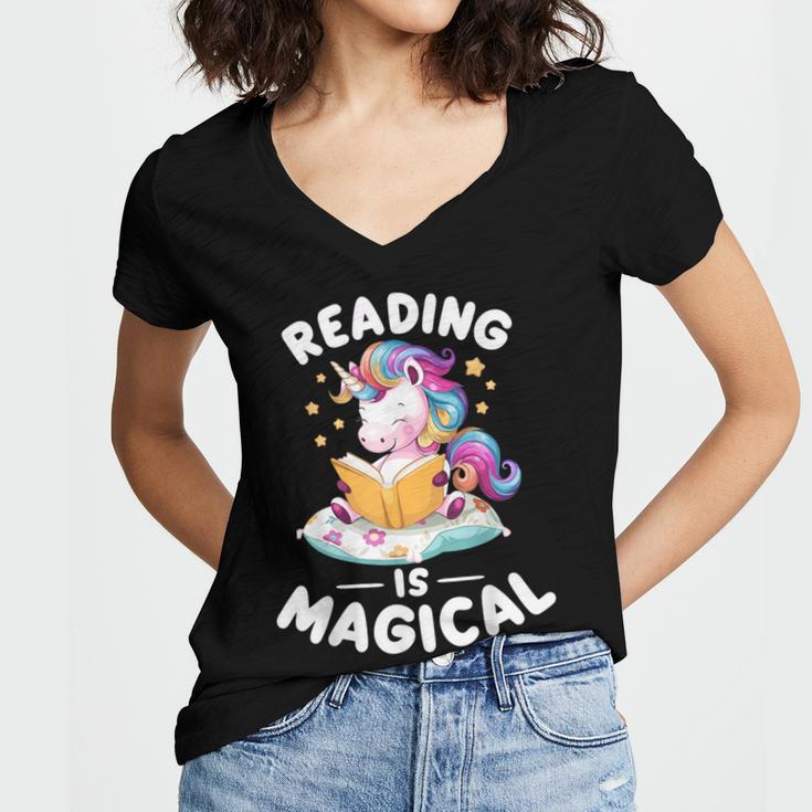 Unicorn Teacher Reading Is Magical Book Women's Jersey Short Sleeve Deep V-Neck Tshirt
