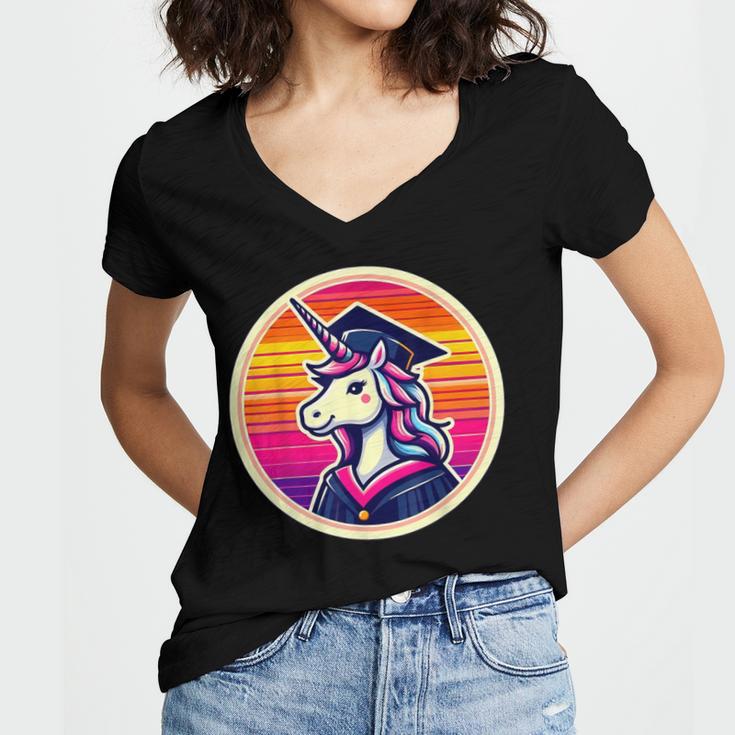 Unicorn University Graduation Graduating School Girl Cute Women's Jersey Short Sleeve Deep V-Neck Tshirt