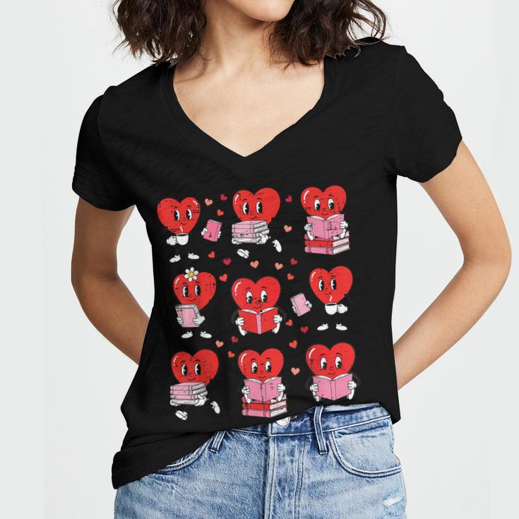 Valentines Day Librarian Heart Reading Book Women Men Kids Women's Jersey Short Sleeve Deep V-Neck Tshirt