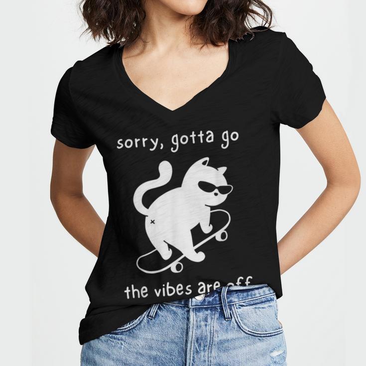 Vibes Are Off Cat Skateboard Introvert Sarcastic Humor Women's Jersey Short Sleeve Deep V-Neck Tshirt